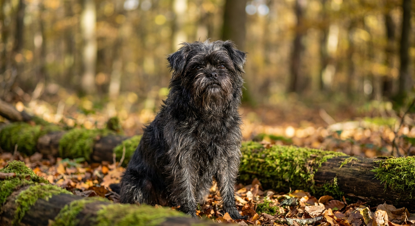 A small, black, wiry-haired Affenpinscher with a flat face and monkey-like expression.