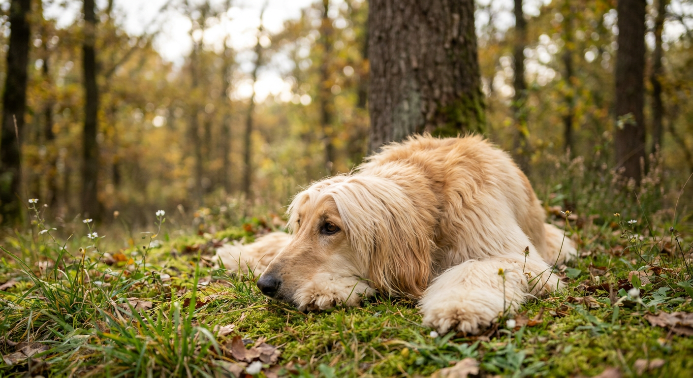 Cream Afghan Hound with long flowing silky coat in profile on a hilltop at sunset