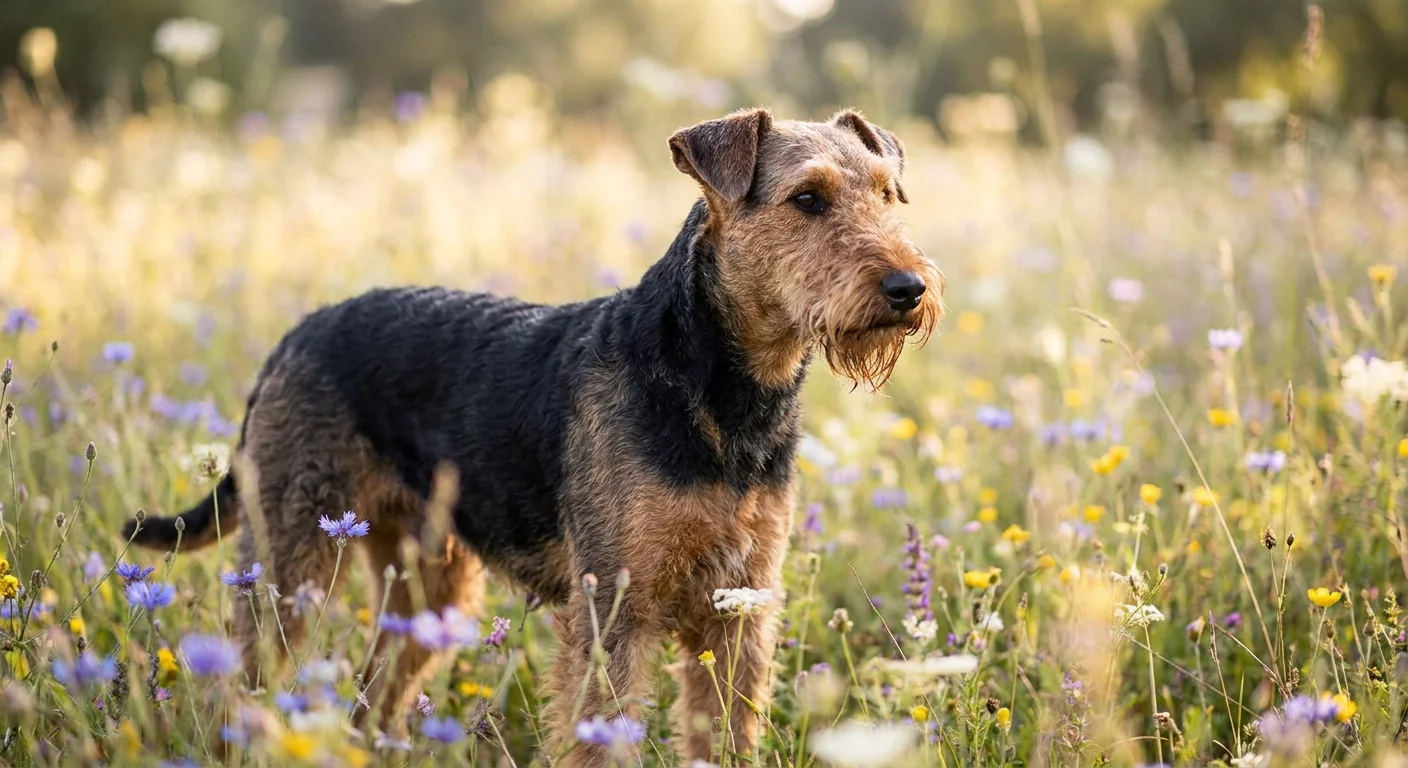 A tan and black Airedale Terrier standing alert in a grassy field.