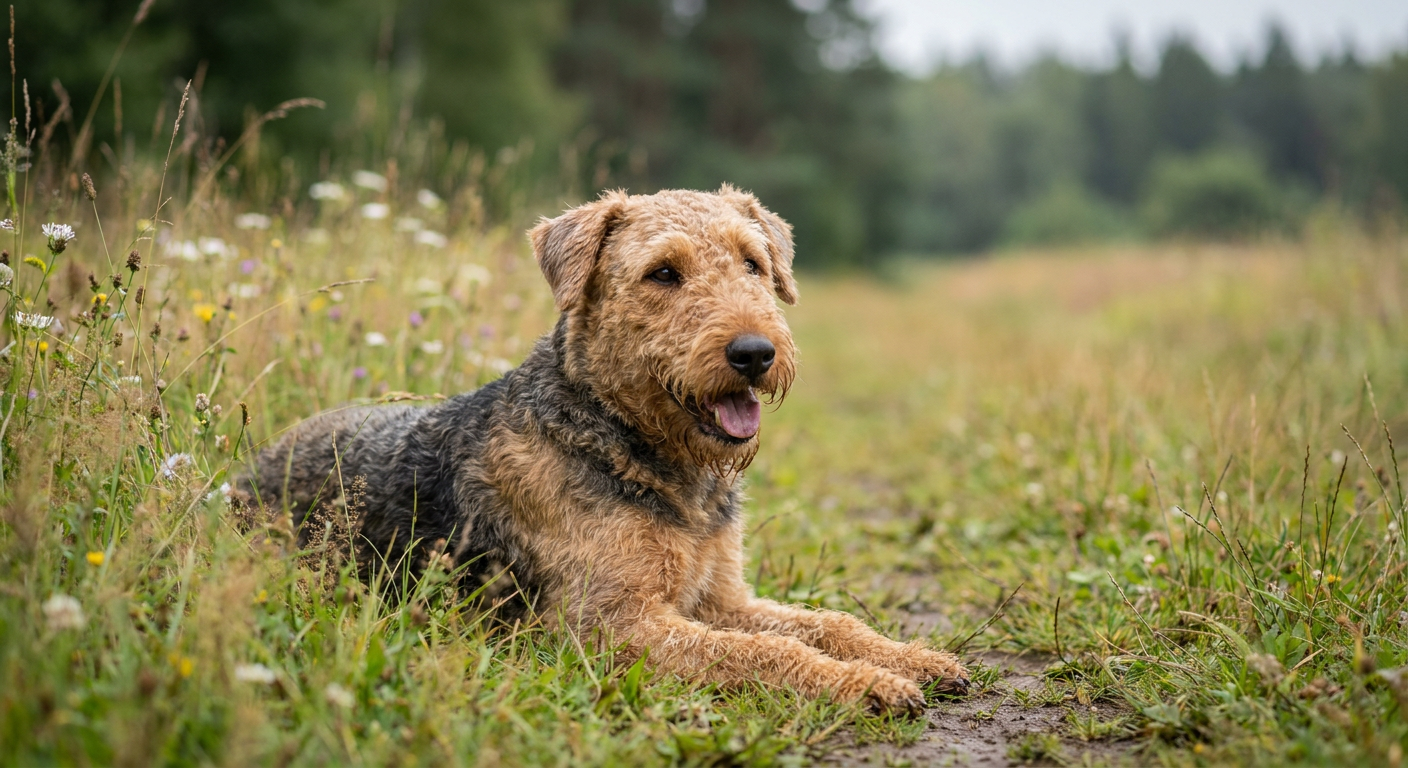 A tan and black Airedale Terrier standing alert in a grassy field.