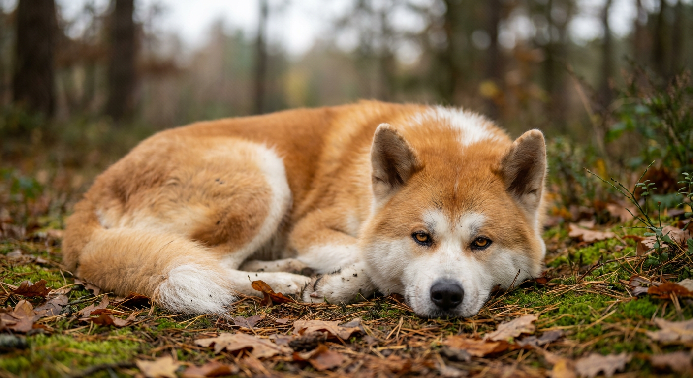 A powerful, large-boned American Akita standing in a yard, showing its plush coat and curled tail.