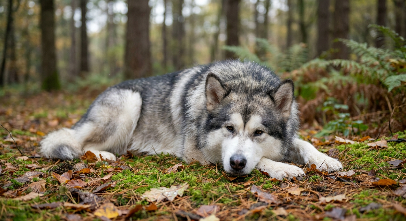 Alaskan Malamute with thick gray-and-white double coat in soft winter light