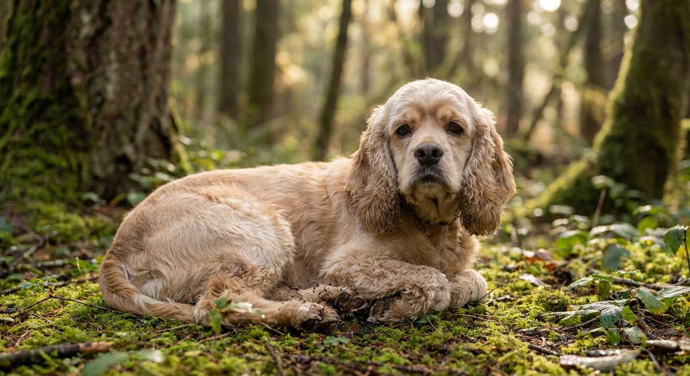 A buff-colored American Cocker Spaniel with a long, flowing coat standing in a grassy field.