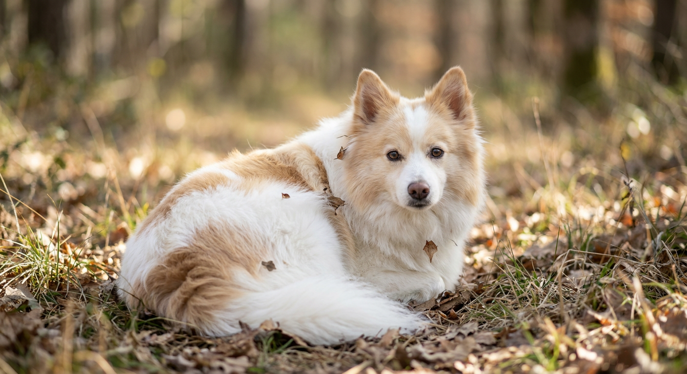 American Eskimo Dog with fluffy white coat sitting on a snowy lawn in soft daylight