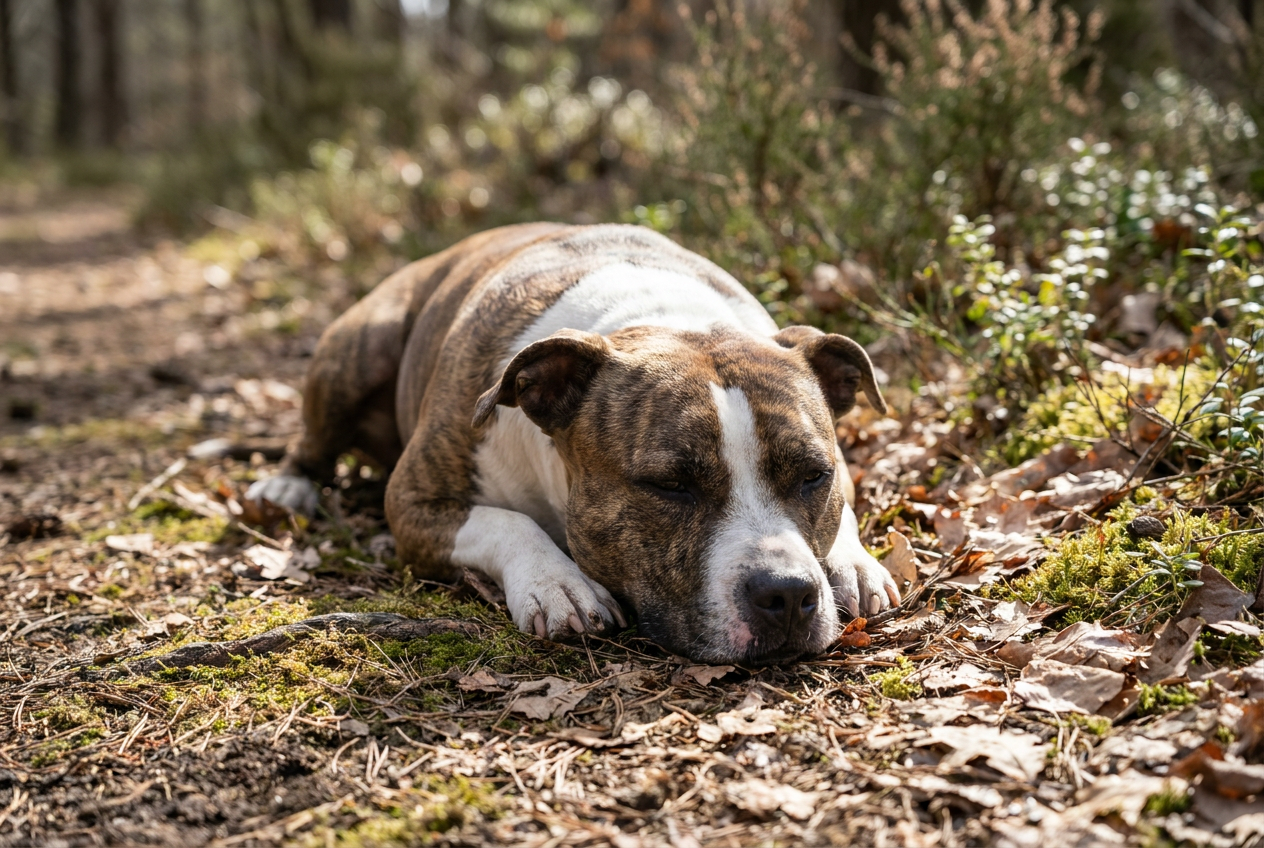 A muscular, short-coated American Staffordshire Terrier standing alertly with a broad head and athletic build.