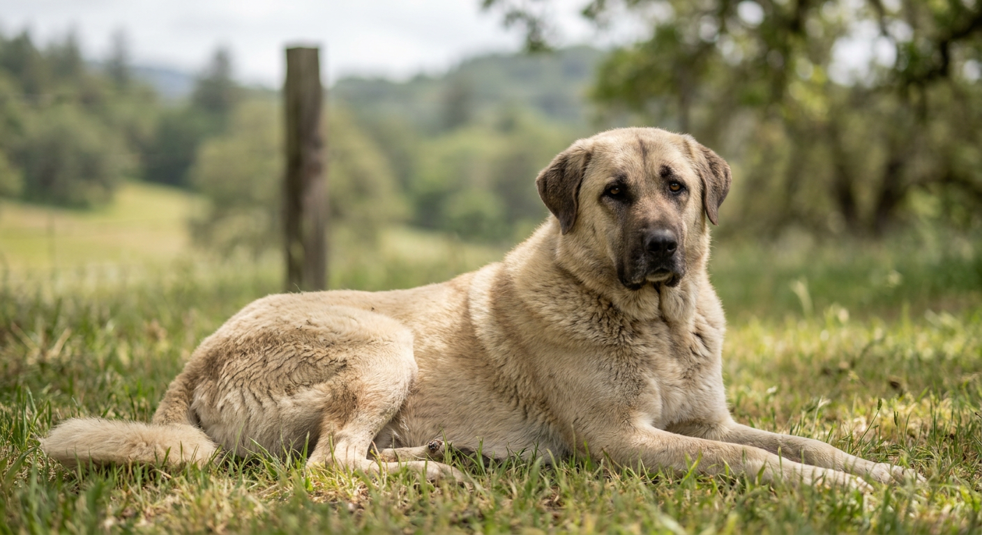 A large, powerful Anatolian Shepherd standing alert in a field, showing its cream-colored coat and dark muzzle.