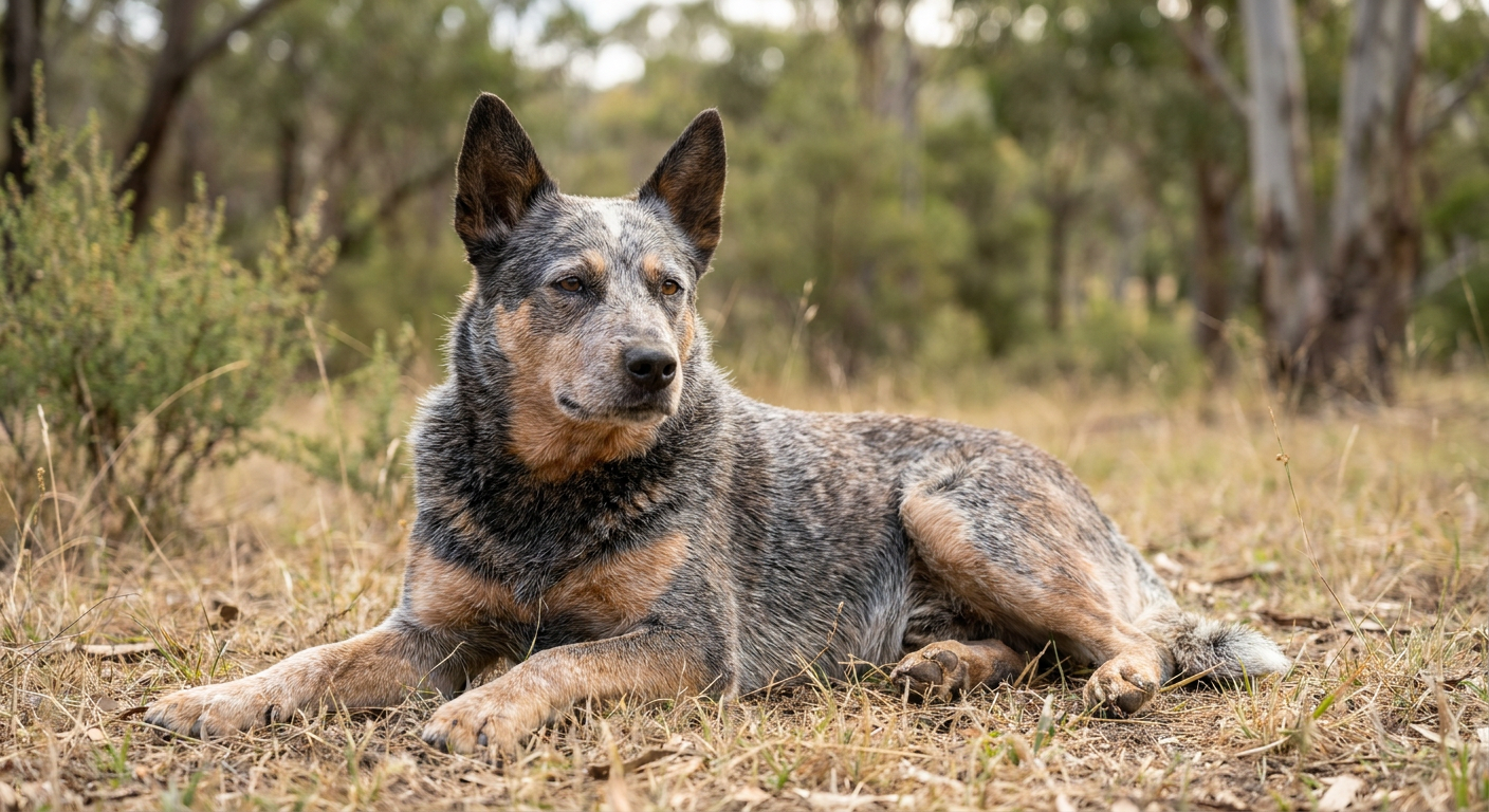 A blue merle Australian Cattle Dog with a tan mask stands alert in a grassy field.