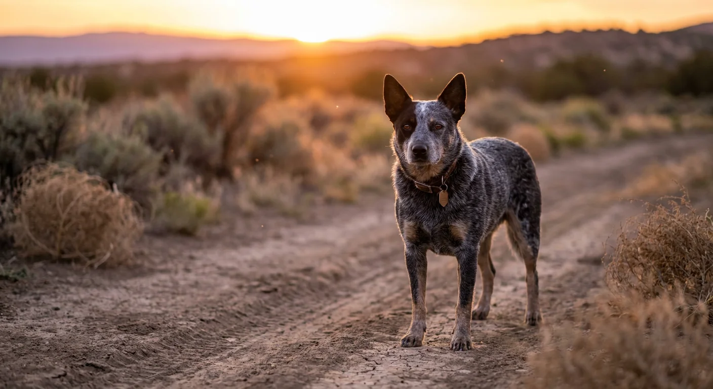 A blue merle Australian Cattle Dog with a tan mask stands alert in a grassy field.