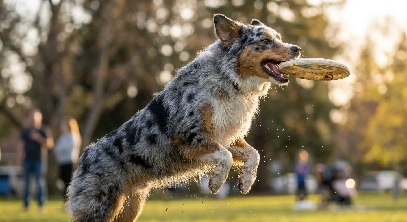 Blue merle Australian Shepherd standing in a grassy field.