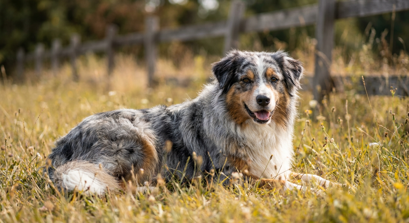 Blue merle Australian Shepherd standing in a grassy field.