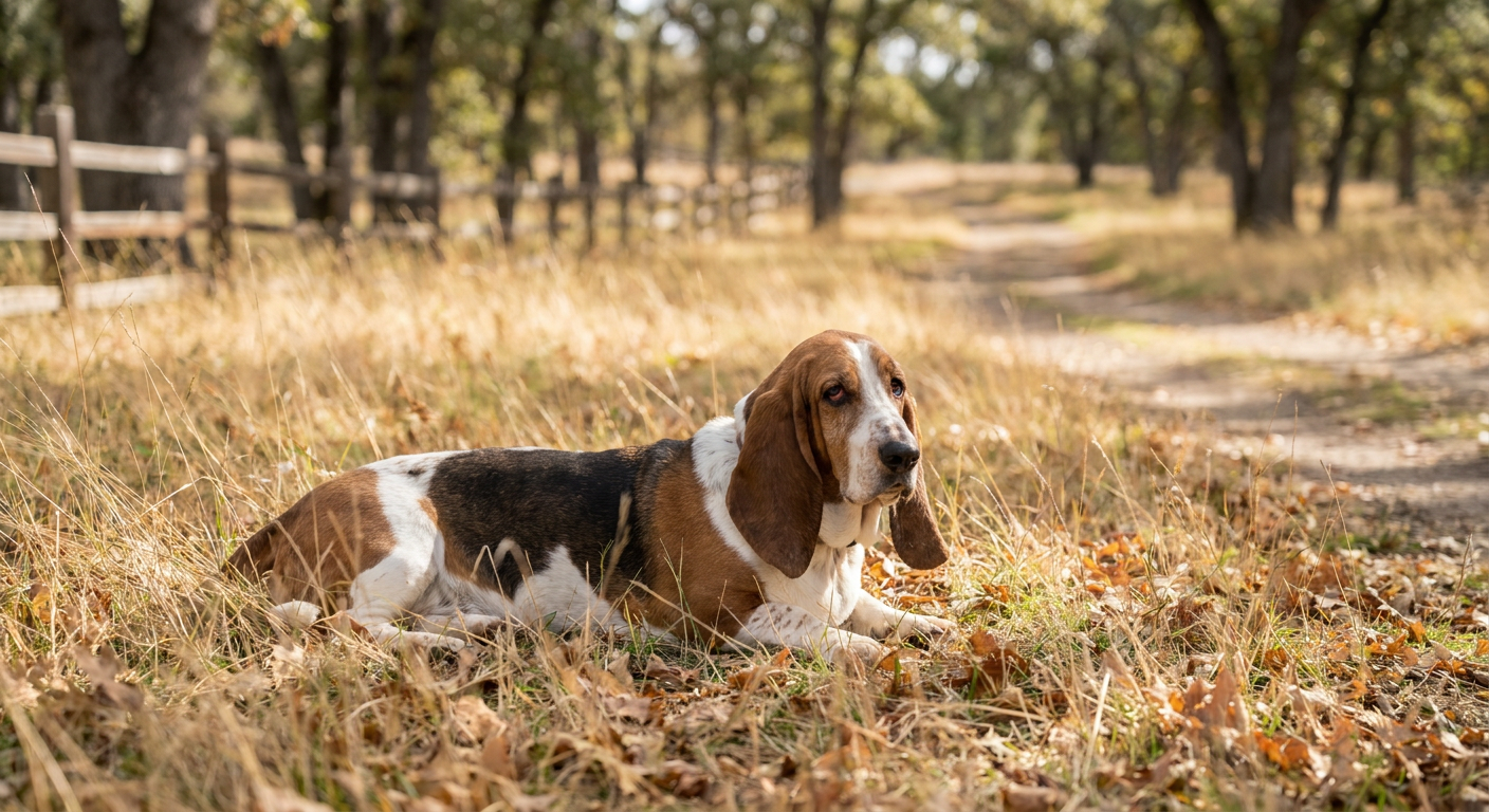 A tri-color Basset Hound with characteristic long, drooping ears and sad-looking eyes, sitting in a grassy area.