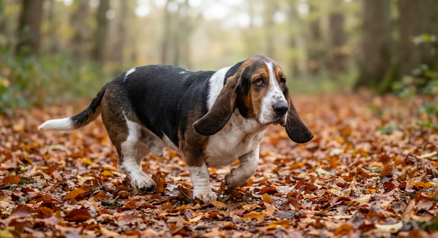 A tri-color Basset Hound with characteristic long, drooping ears and sad-looking eyes, sitting in a grassy area.