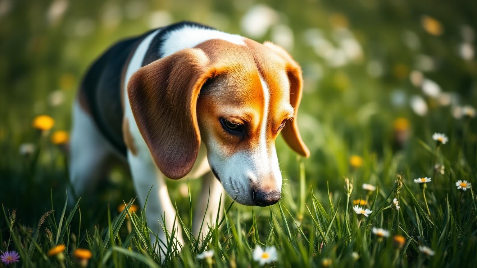 Tricolor Beagle sniffing in a grassy meadow with wildflowers