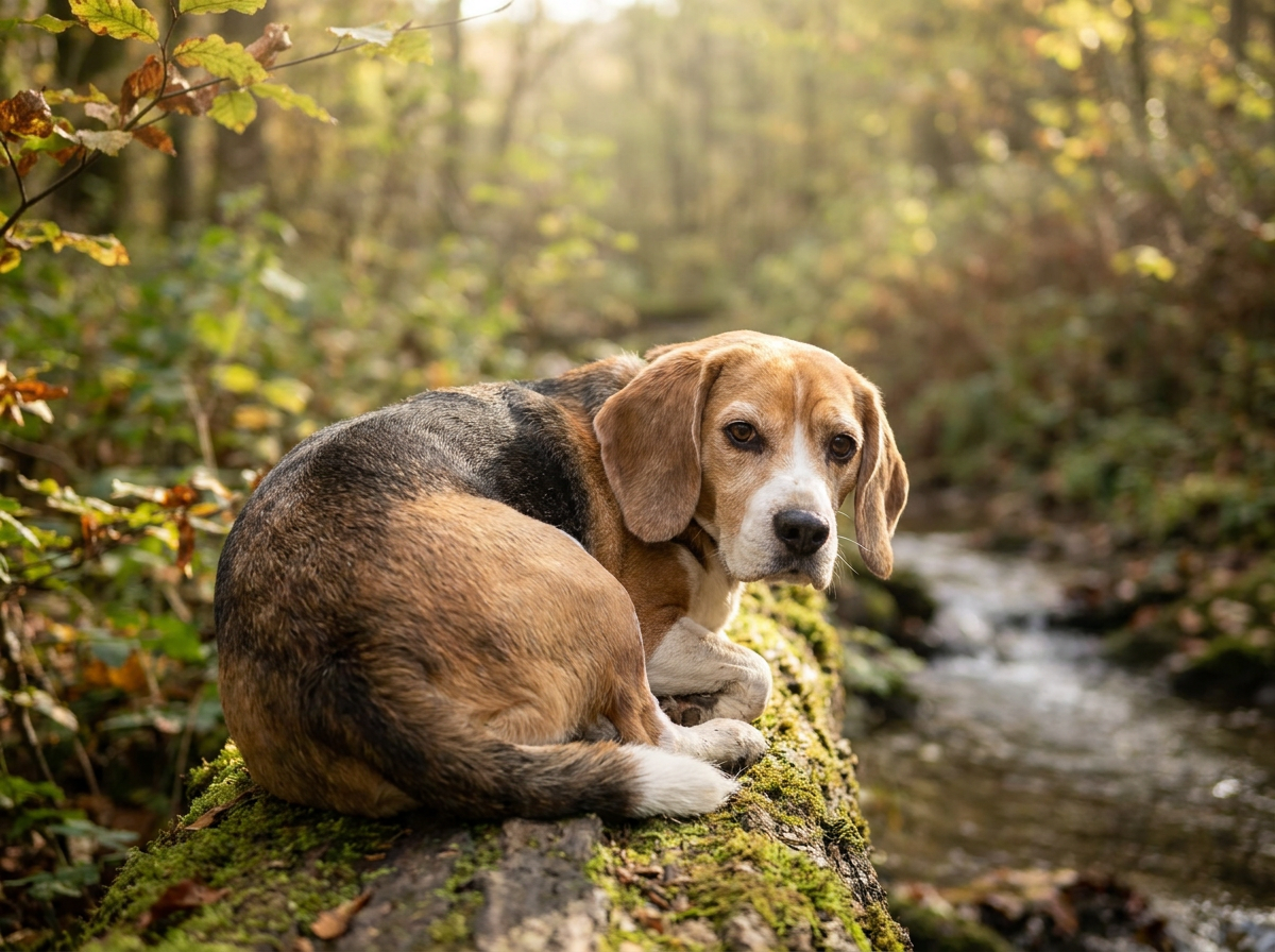 Tricolor Beagle sniffing in a grassy meadow with wildflowers