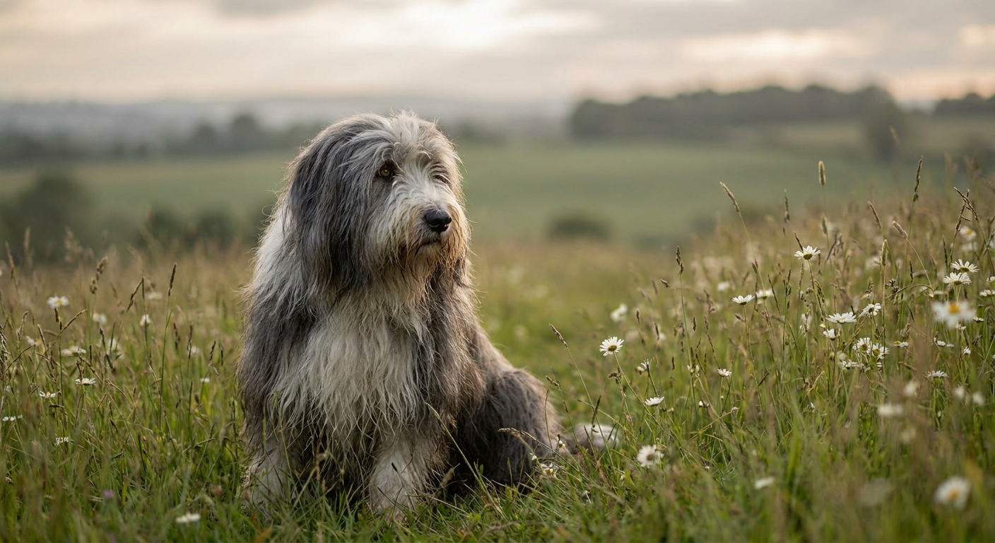 Bearded Collie with long flowing gray-and-white coat on a misty highland meadow