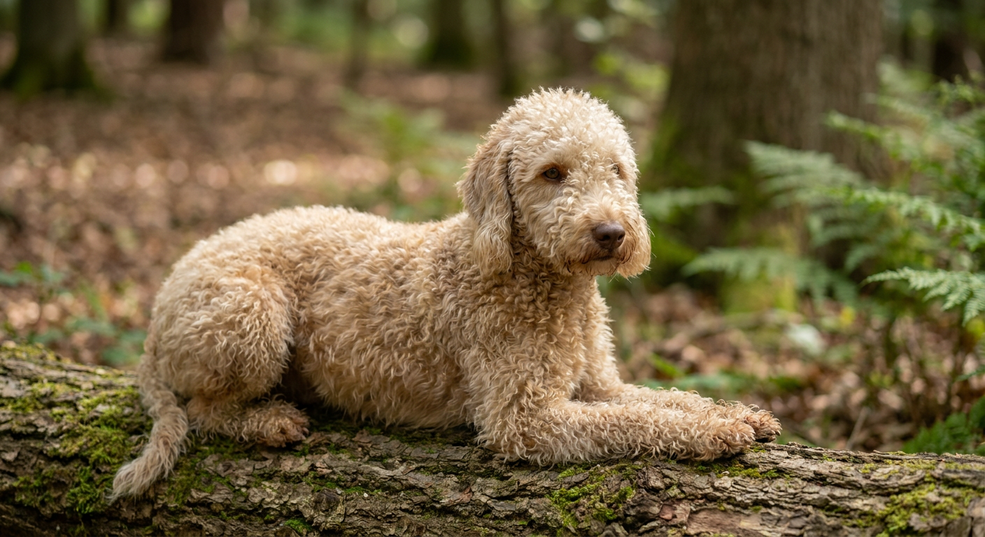 A Bedlington Terrier standing in profile, showing its distinctive arched back, pear-shaped head, and curly blue-gray coat.