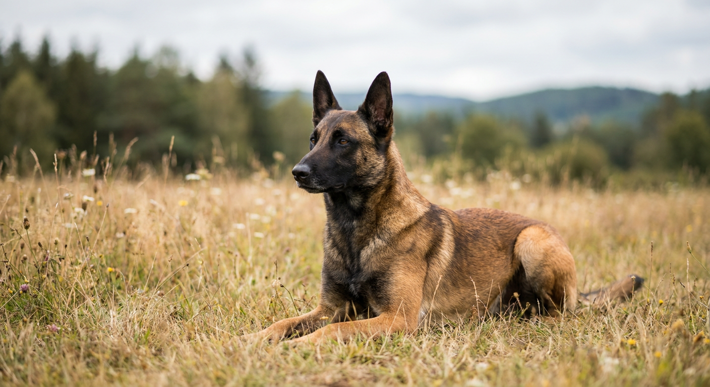 A fawn-colored Belgian Malinois with a black mask standing alert in a grassy field.
