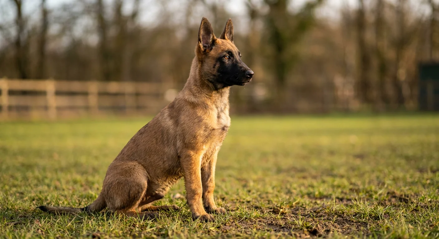 A fawn-colored Belgian Malinois with a black mask standing alert in a grassy field.
