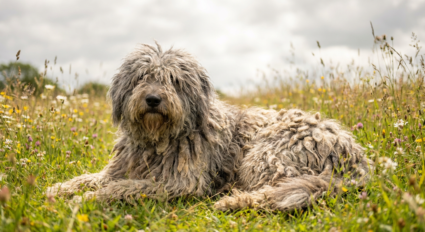 A Bergamasco Sheepdog showing its characteristic flocked, mop-like grey coat and sturdy build.