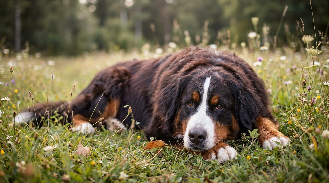 A tri-color Bernese Mountain Dog sitting in a green field.