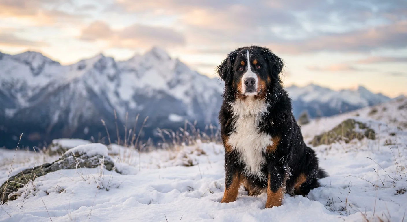 A tri-color Bernese Mountain Dog sitting in a green field.