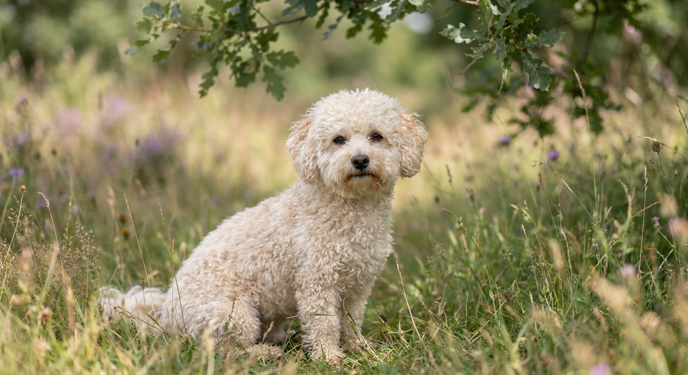 A purebred white Bichon Frise in a show-style haircut sits in a green field.