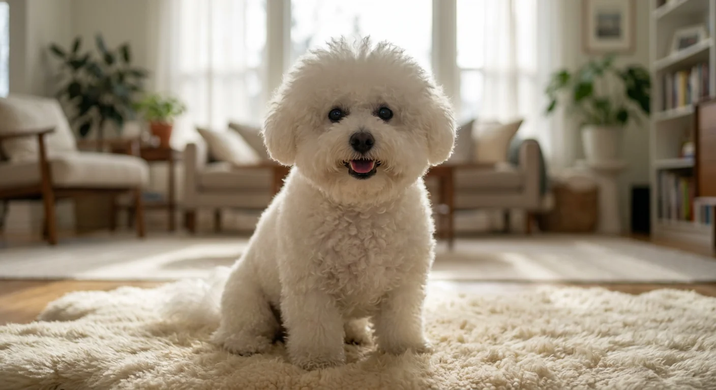 A purebred white Bichon Frise in a show-style haircut sits in a green field.