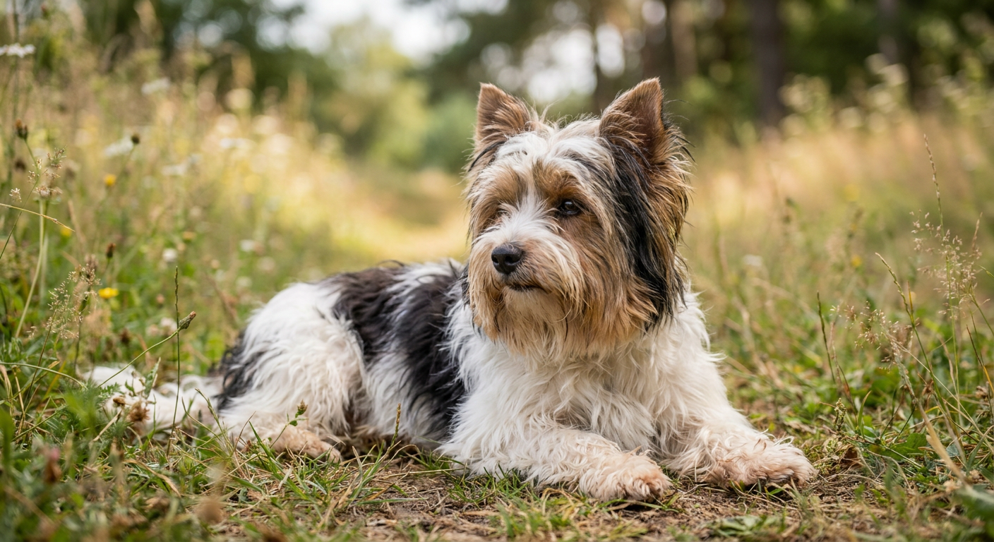 A small tri-colored Biewer Terrier with long silky hair and a ponytail on its head.