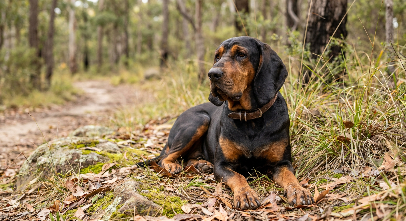 A large Black and Tan Coonhound standing alert in a field, showing its long ears and sleek coat.