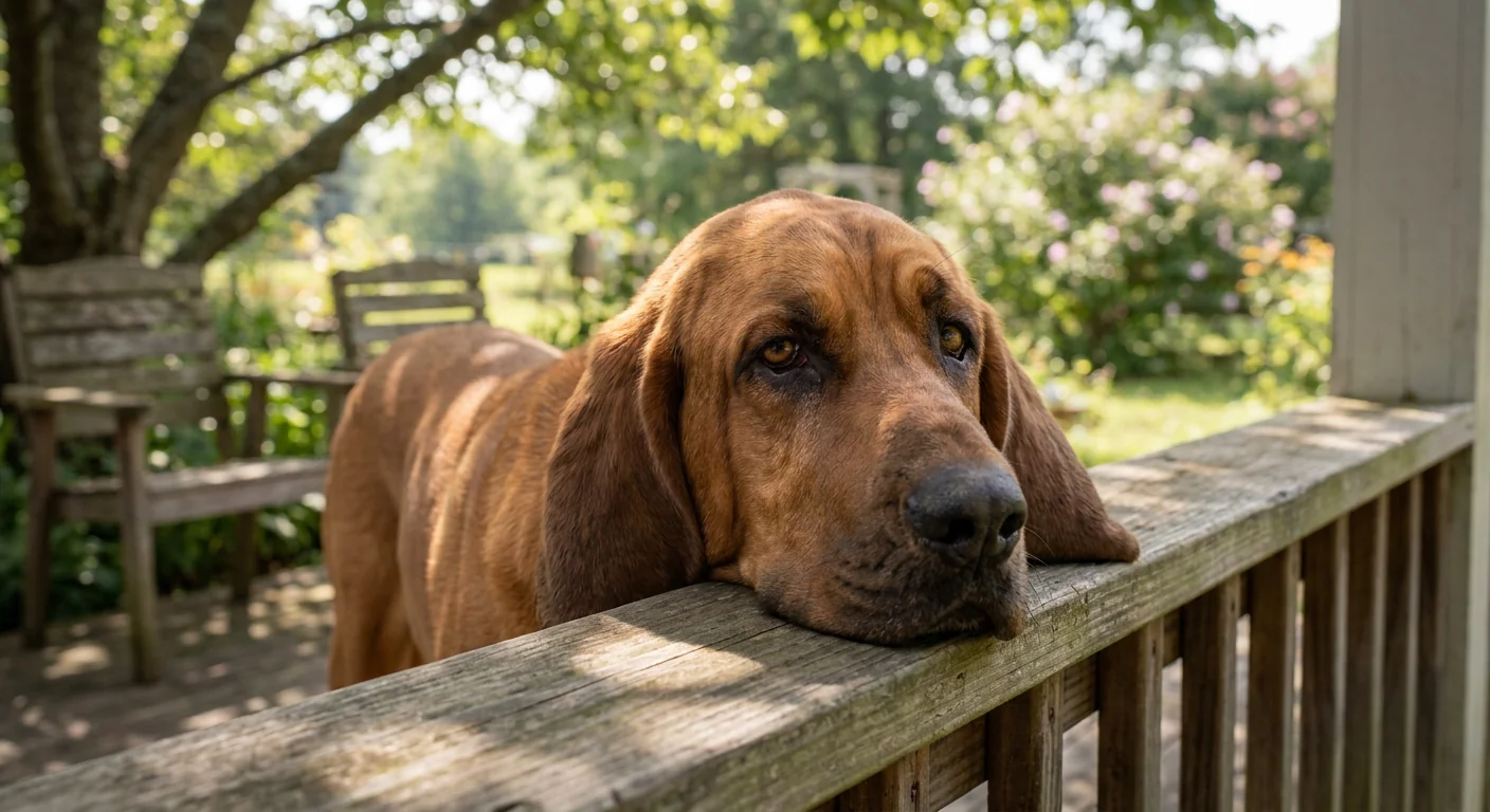 A red Bloodhound with long, droopy ears and a wrinkled brow stands in a grassy field.