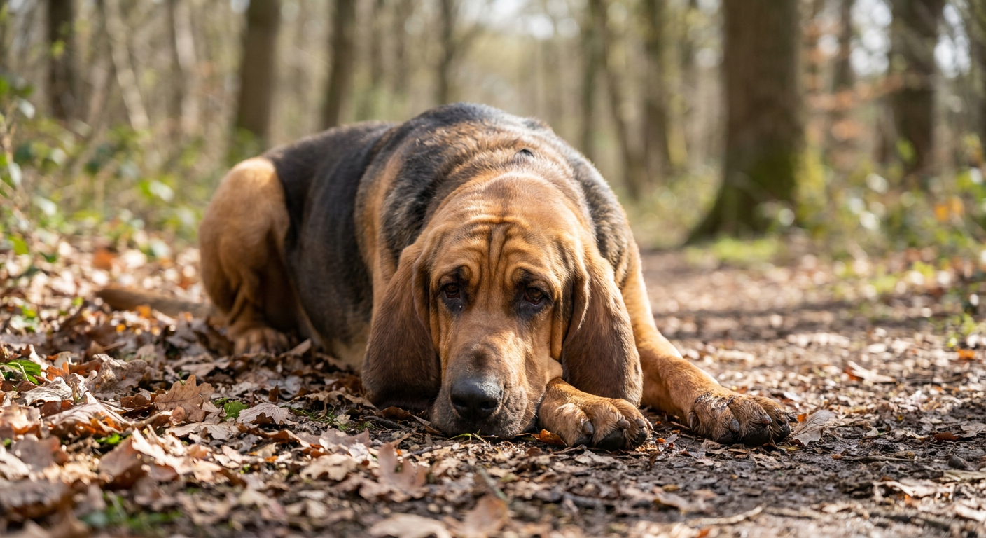 A red Bloodhound with long, droopy ears and a wrinkled brow stands in a grassy field.