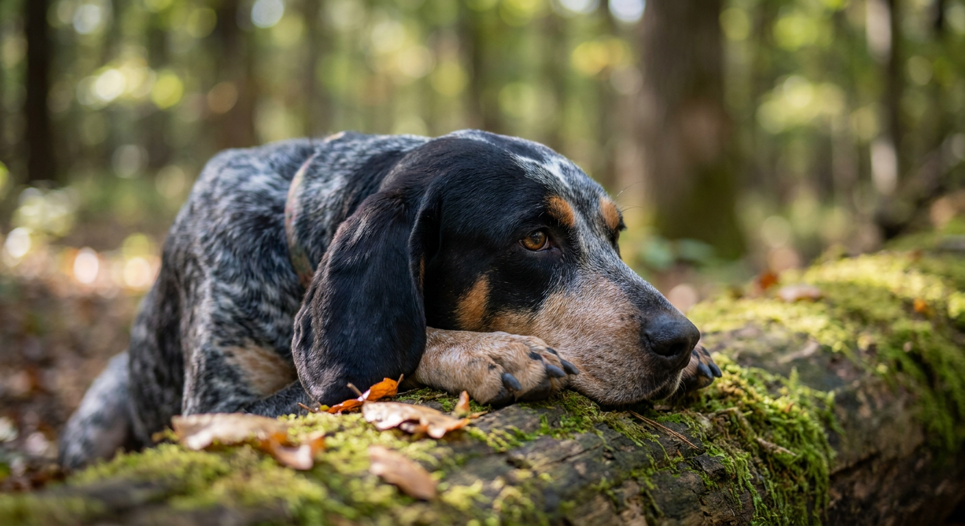 A muscular, mottled blue-and-black hound with long ears and a focused expression.