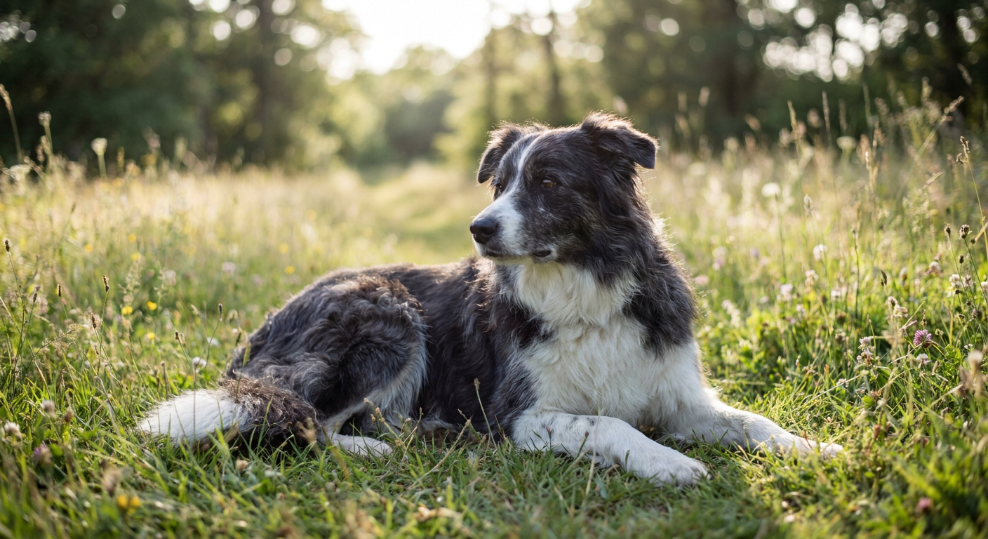 Black and white Border Collie running through a green field