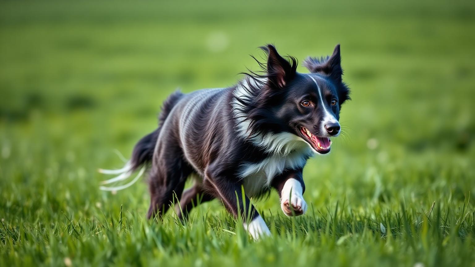 Black and white Border Collie running through a green field