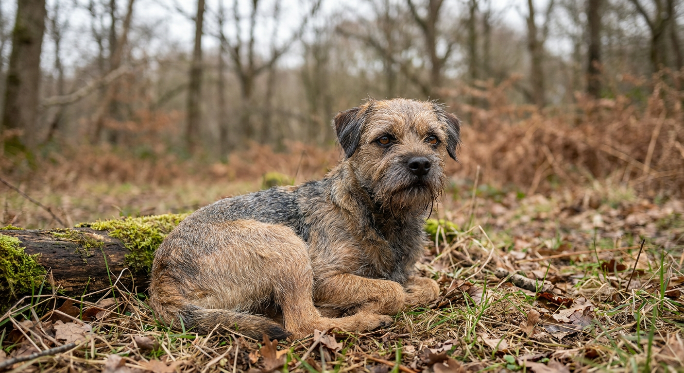 A small, wiry-coated Border Terrier with a distinctive 'otter-like' head standing in a field.