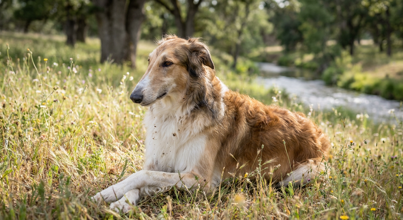 White-and-gold Borzoi standing elegantly on a manicured lawn