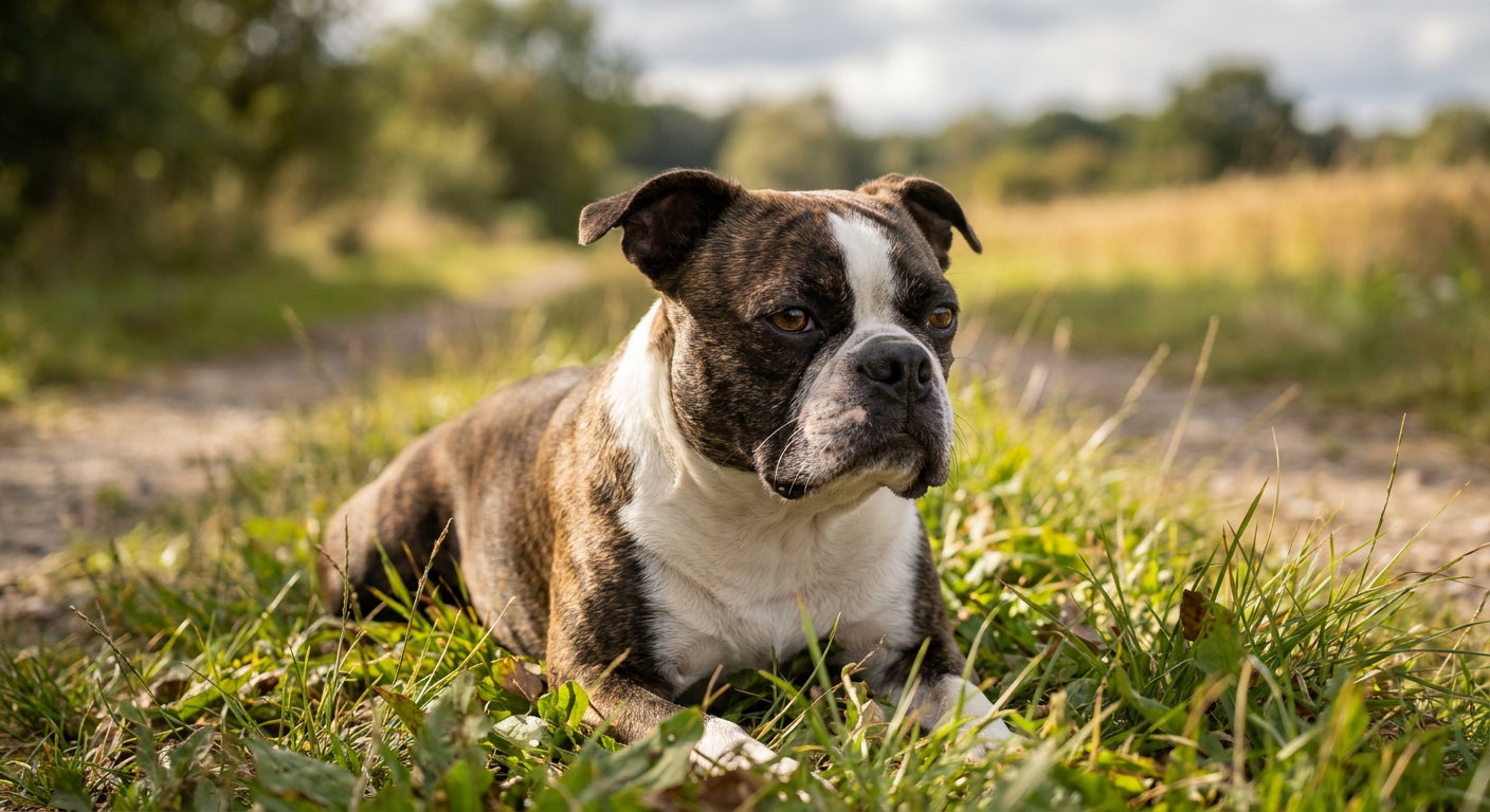 A black and white Boston Terrier with classic tuxedo markings stands alertly in a grassy field.