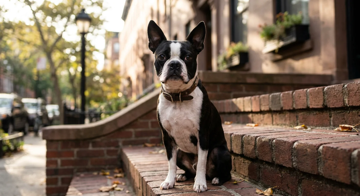 A black and white Boston Terrier with classic tuxedo markings stands alertly in a grassy field.