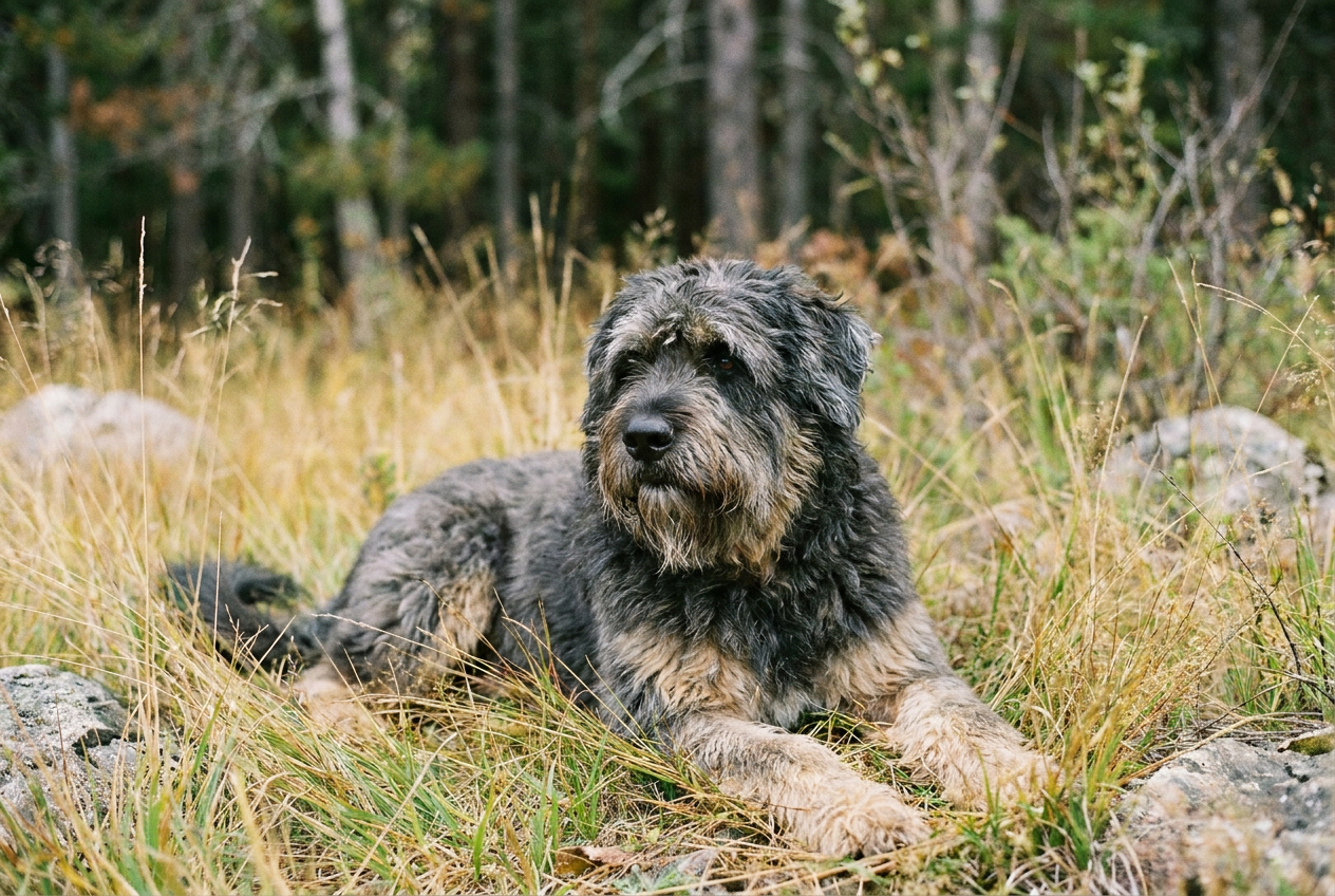 Black Bouvier des Flandres with thick tousled coat standing on a farm path