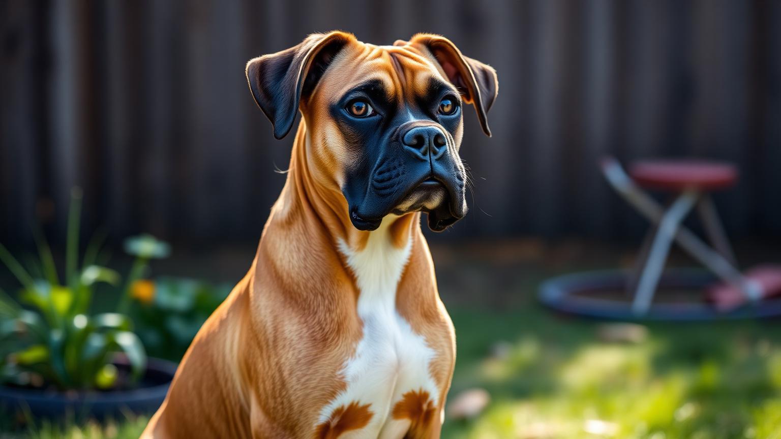 Fawn Boxer dog sitting attentively in a backyard