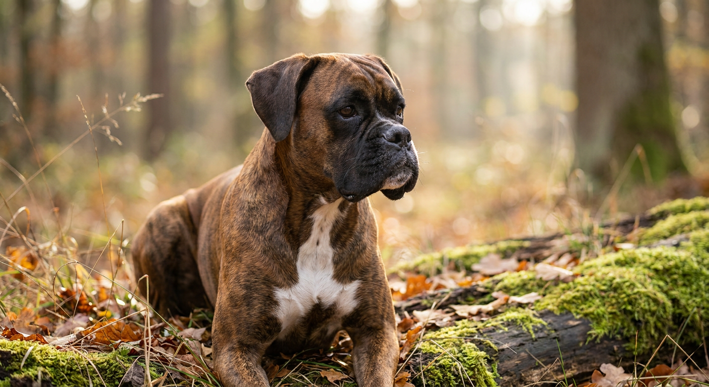 Fawn Boxer dog sitting attentively in a backyard