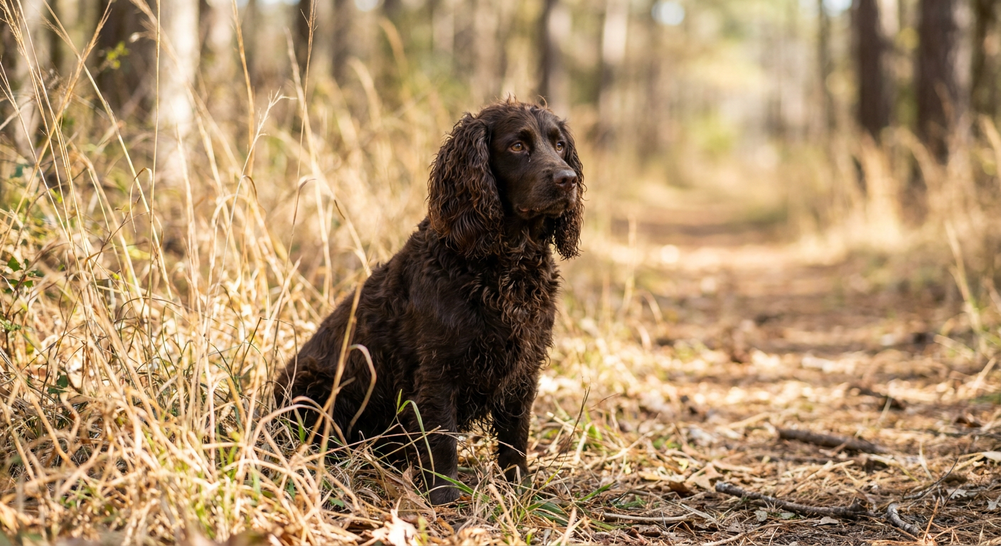 A solid brown Boykin Spaniel with a wavy coat standing in a field.