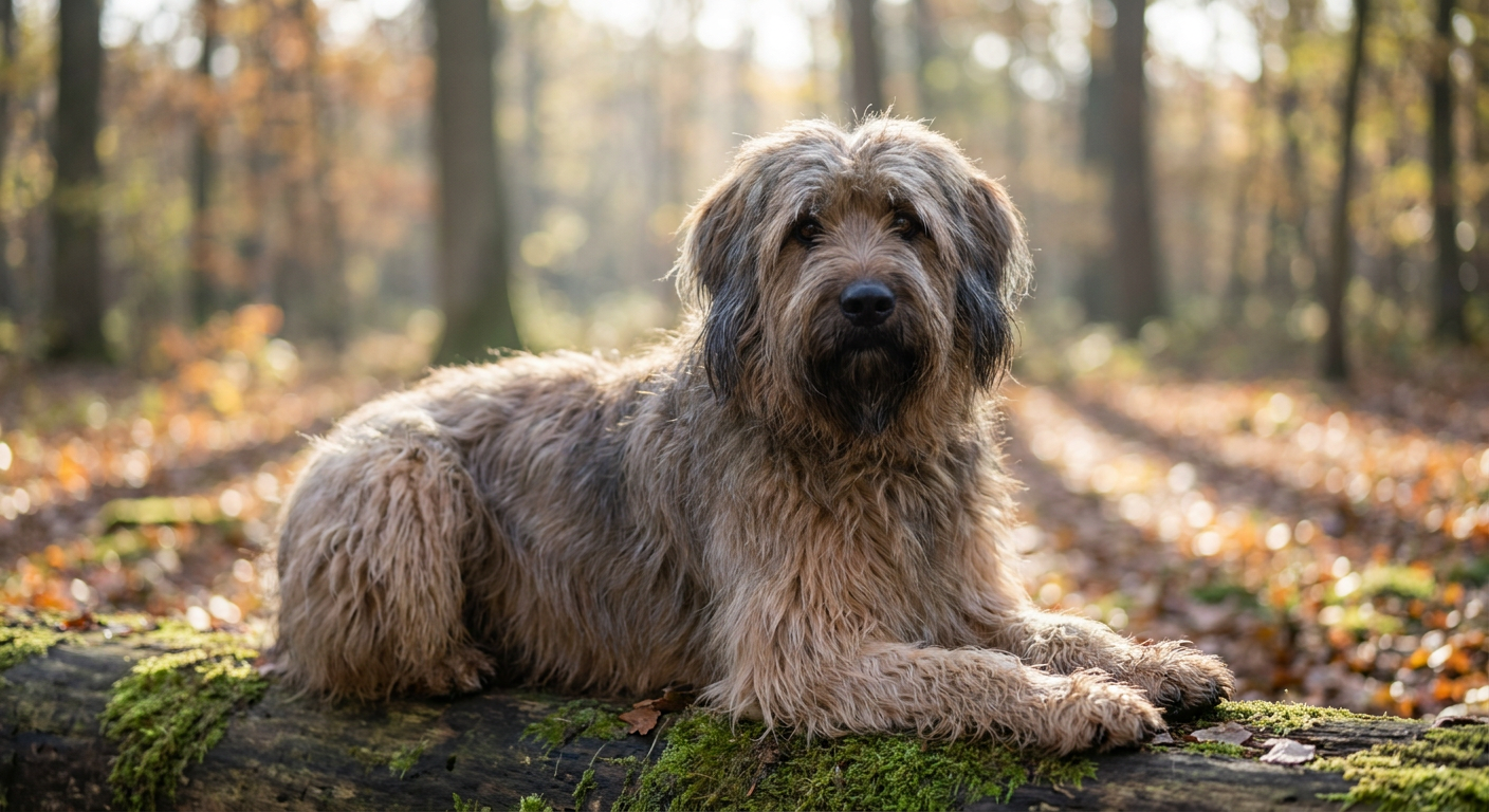 A large, powerful herding dog with a long, tawny coat, distinctive beard and eyebrows, and a large black nose.