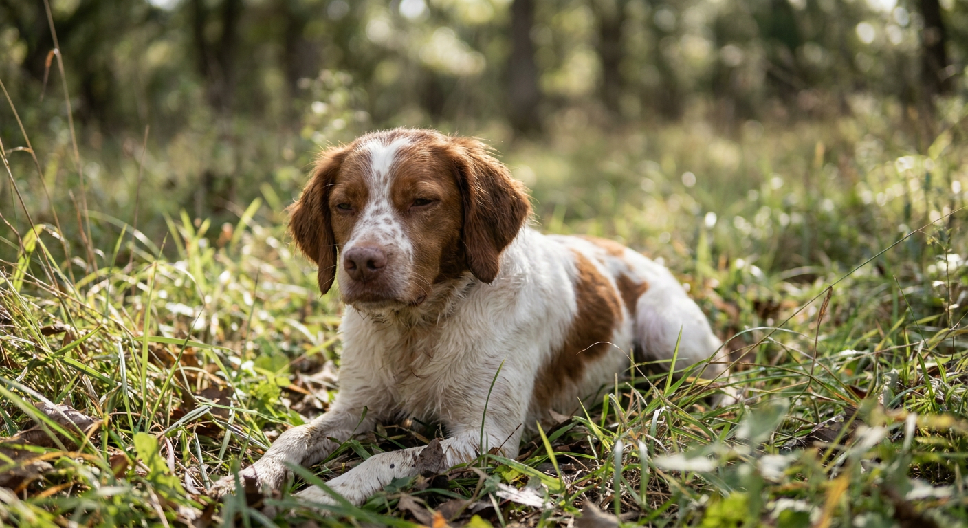 An orange and white Brittany dog standing alert in a grassy field.
