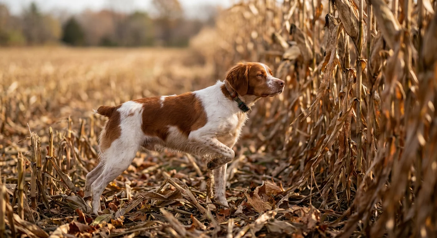 An orange and white Brittany dog standing alert in a grassy field.