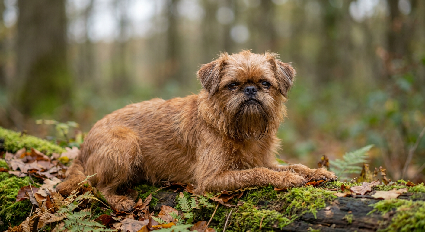 Red rough-coated Brussels Griffon with whiskered face on a wooden stool