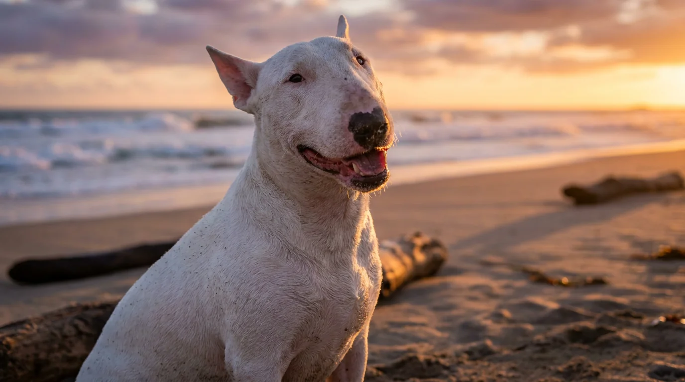 A white Bull Terrier with a black patch over its left eye stands attentively in a grassy park.