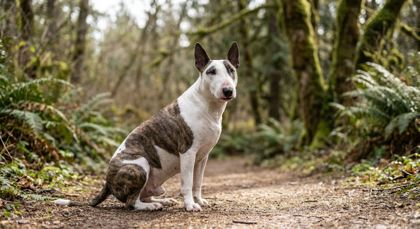 A white Bull Terrier with a black patch over its left eye stands attentively in a grassy park.