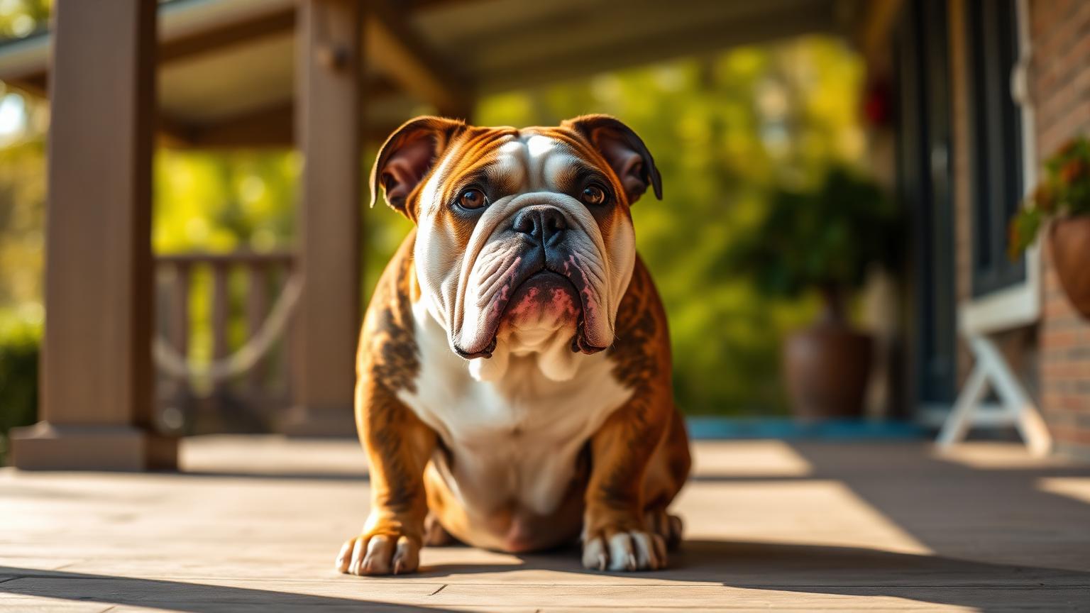 Brindle and white English Bulldog sitting on a porch in afternoon sun