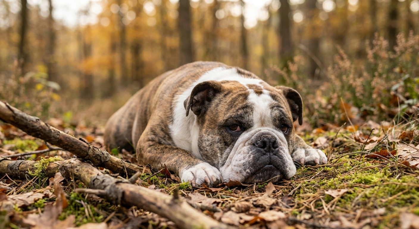 Brindle and white English Bulldog sitting on a porch in afternoon sun